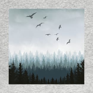 Cloudy or misty forest with pine trees and birds T-Shirt